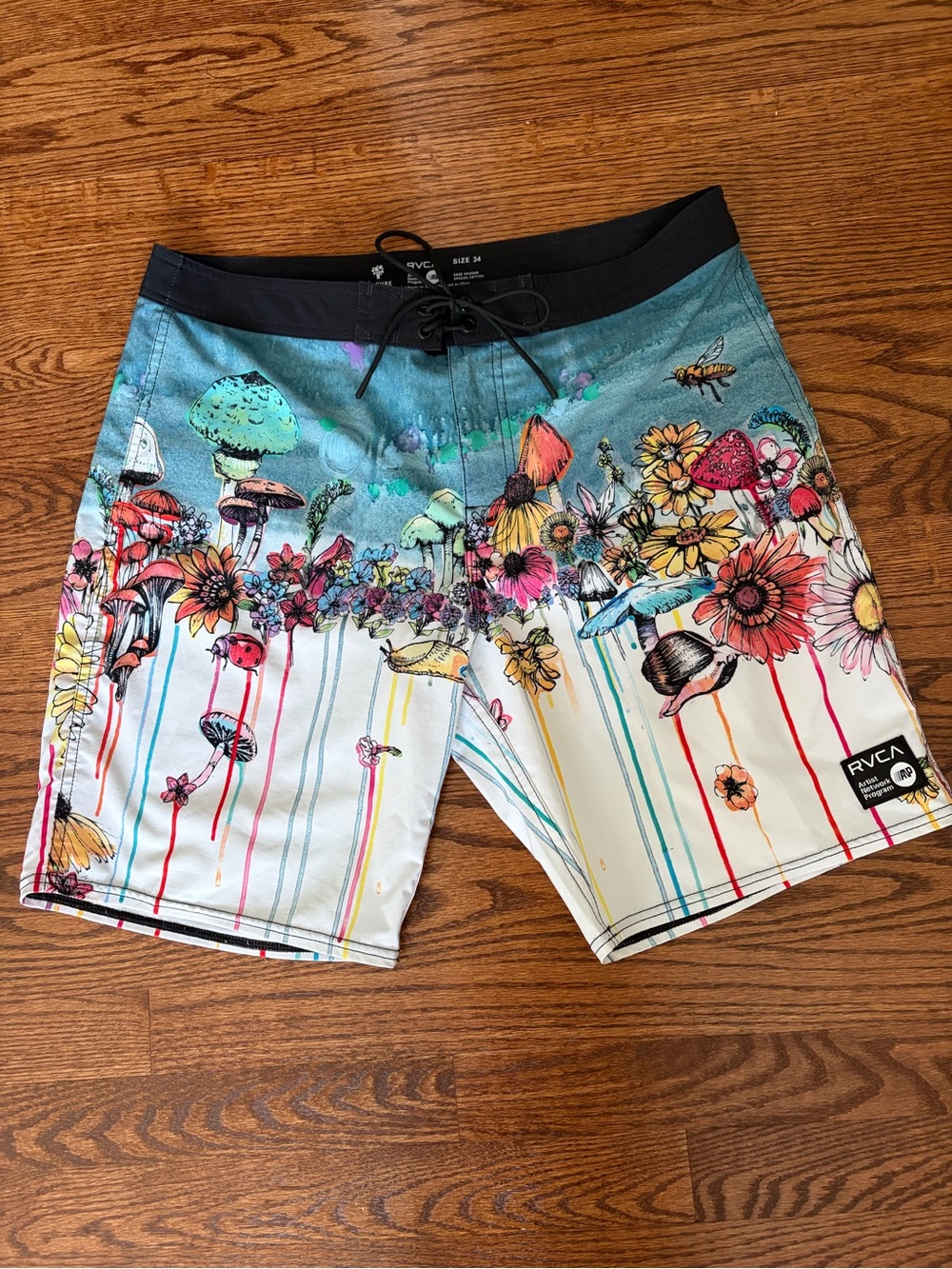 RVCA Teal, White & Black Floral Mushroom Boardshorts